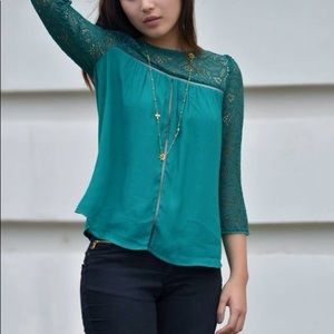 ANTHROPOLOGIE green silk and lace top